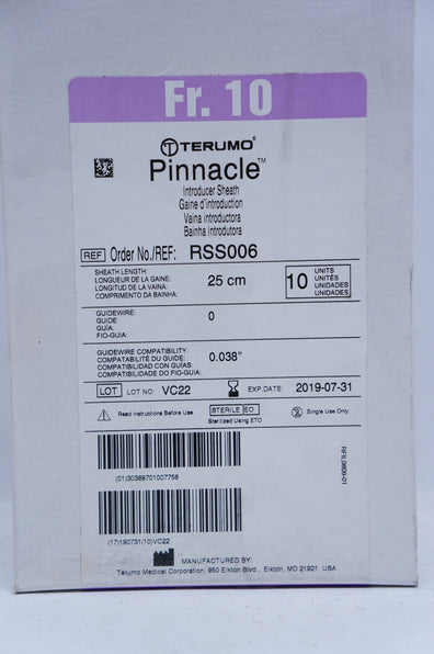 Terumo RSS006 Pinnacle Introducer Sheath, 10Fr., 0.038inch x 25cm (x) - Box of 10